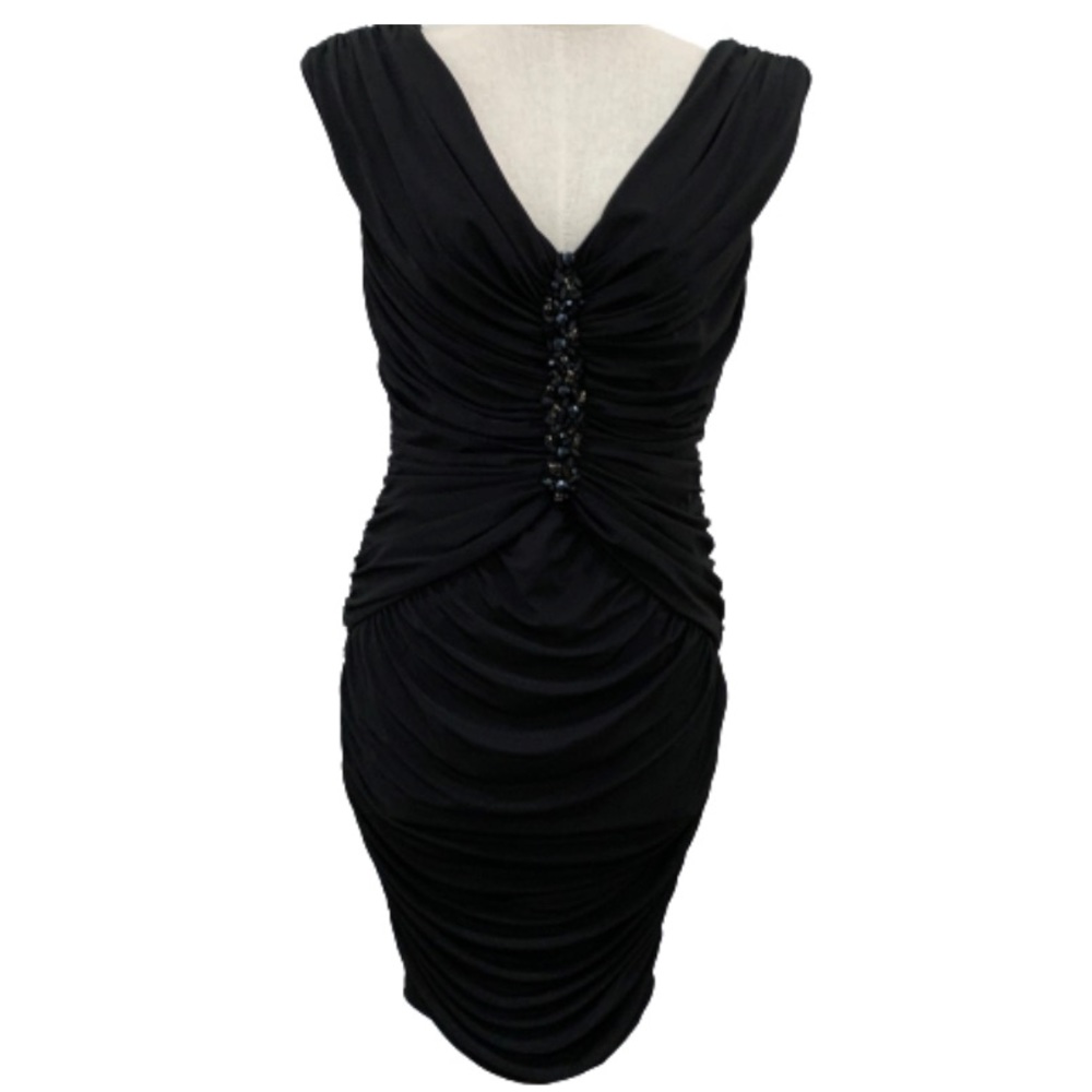 Tadashi Shoji Petite black ruched beaded dress